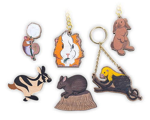 A selection of rodent and rabbit wood pins and keychains